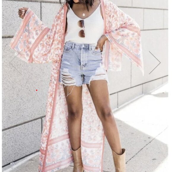 Pink Lily Printed Duster Kimono Size Small - Picture 1 of 10